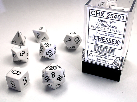WHITE W/BLACK OPAQUE POLYHEDRAL 7-DIE SETS