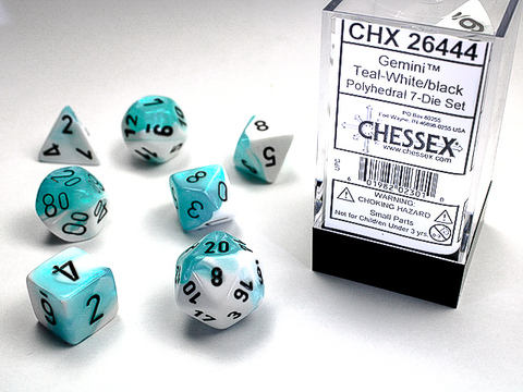 WHITE-TEAL W/BLACK GEMINIT POLYHEDRAL 7-DIE