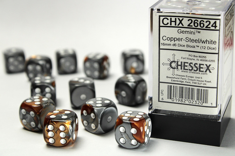Gemini 16mm d6 Copper-Steel/white Dice Block (12 dice)