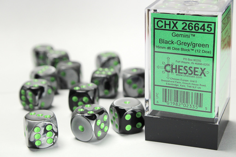 Gemini 16mm d6 Black-Grey/green Dice Block (12 dice)