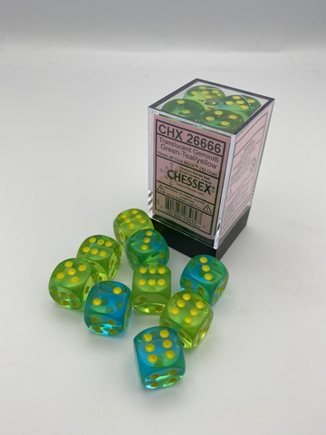 Gemini 16mm d6 Translucent Green-Teal/yellow Dice Block (12 dice)