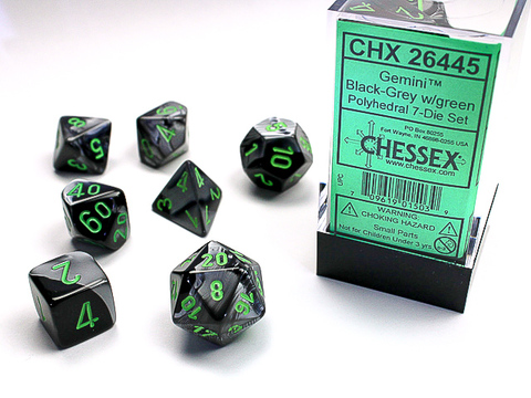 BLACK-GREY W/GREEN GEMINIPOLYHEDRAL 7-DIE SETS