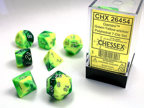 GREEN-YELLOW W/SILVER GEMINI POLYHEDRAL 7-DIE S
