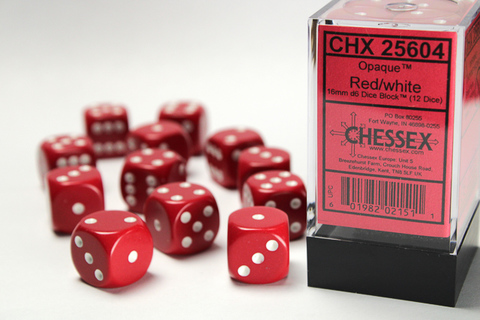 Opaque 16mm d6 Red/white Dice Block (12 dice)
