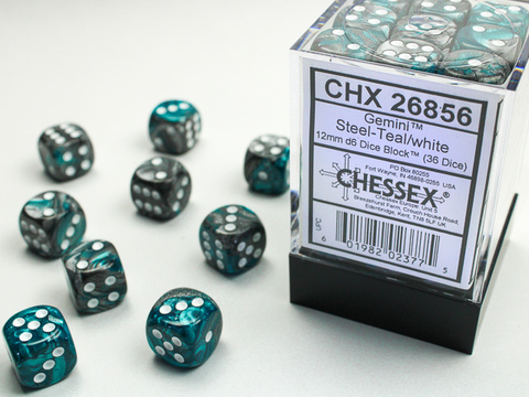 Gemini 12mm d6 Steel-Teal/white Dice Block (36 dice)