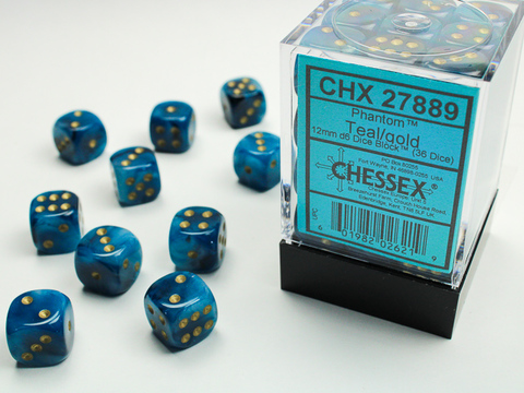 Phantom 12mm d6 Teal/gold Dice Block (36 dice)