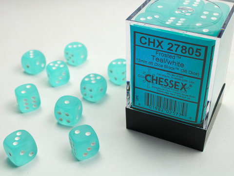FROSTED TEAL W/WHITE 12MM D6 36 DICE