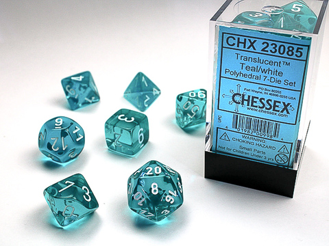 [2110000083908] Translucent Polyhedral Teal/white 7-Die Set