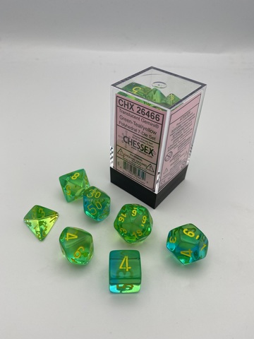 [2110000100100] Gemini Polyhedral Translucent Green-Teal/yellow 7-Die Set