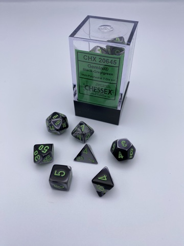 [2110000149291] Gemini Mini-Polyhedral Black-grey/green 7-Die