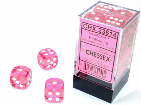 [2110000150273] Translucent 16mm d6 Pink/white Dice Block (12 dice)