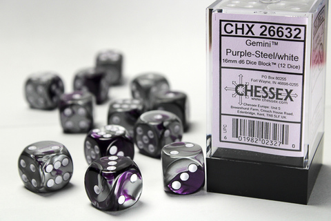 [2110000150297] Gemini 16mm d6 Purple-Steel/white Dice Block (12 dice)