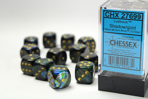 [2110000150242] Lustrous 16mm d6 Shadow/gold Dice Block (12 dice)