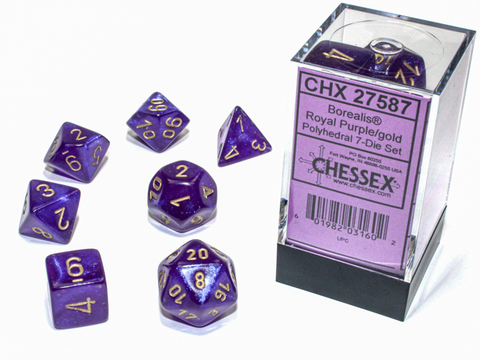 [2110000150846] Borealis Polyhedral Royal Purple/gold Luminary 7-Die Set