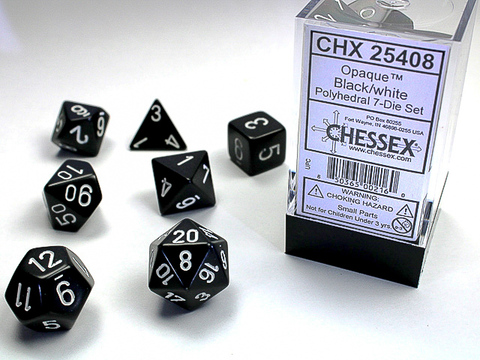 [2110000028046] BLACK W/WHITE OPAQUE POLYHEDRAL 7-DIE SETS