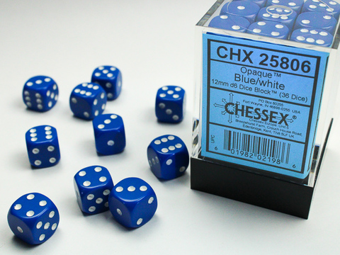 [2110000258061] Opaque 12mm d6 Blue/white Dice Block (36 dice)