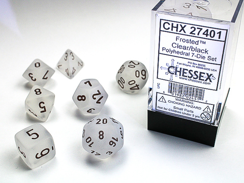 [2110000034177] FROSTED CLEAR W/BLACK POLYHEDRAL 7 DICE
