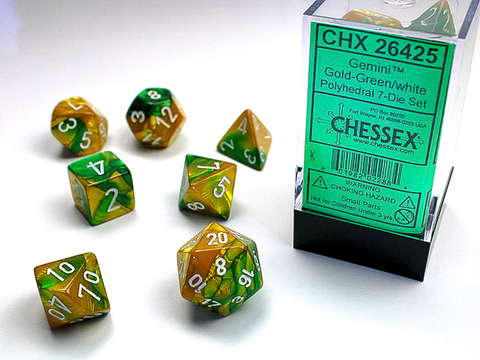 [2110000034924] Gemini Polyhedral Gold-Green/white 7-Die Set