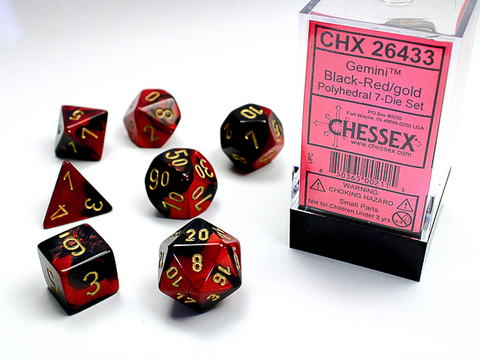 [2110000034979] BLACK-RED W/GOLD GEMINI POLYHEDRAL 7-DIE SETS
