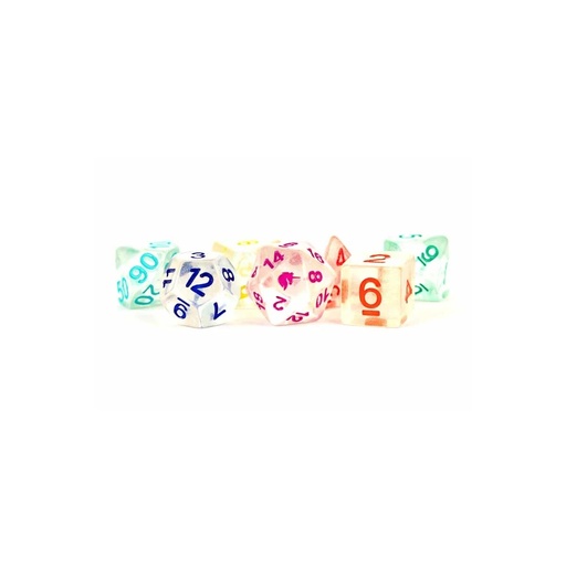 [2110000191344] 16mm Resin Polyhedral Dice Set: Unicorn Rainbow Ice