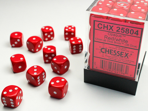 [2110000054809] Opaque 12mm d6 Red/white Dice Block (36 dice)