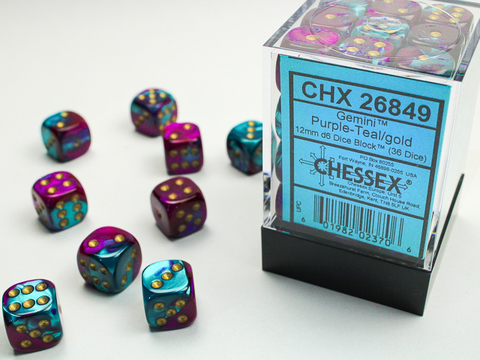 [2110000055004] Gemini 12mm d6 Purple-Teal/gold Dice Block (36 dice)