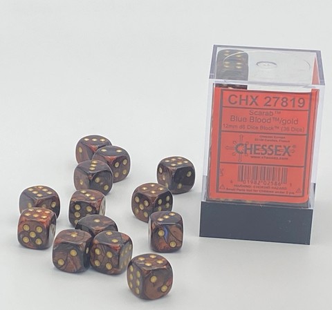 [2110000055127] Scarab 12mm d6 Blue Blood/gold Dice Block (36 dice)