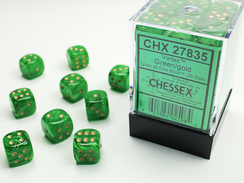 [2110000055196] Vortex 12mm d6 Green/gold Dice Block (36 dice)