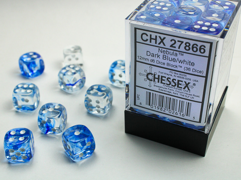 [2110000055240] Nebula 12mm d6 Dark Blue/white Dice Block (36 dice)