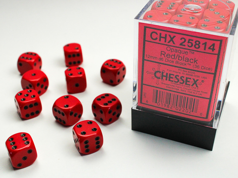 [2110000056124] Opaque 12mm d6 Red/black Dice Block (36 dice)