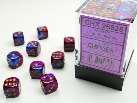 [2110000056193] Gemini 12mm d6 Blue-Purple/gold Dice Block (36 dice)