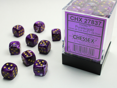 [2110000056230] PURPLE W/GOLD VORTEX 12MM D6 36 DICE